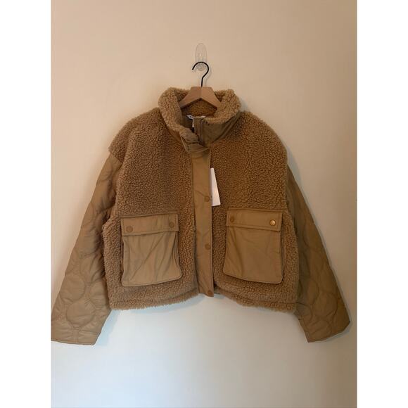 Athleta Fleece Hybrid Jacket with Quilted Sleeves Relaxed Fit  - Tan XL NWT - Picture 2 of 9